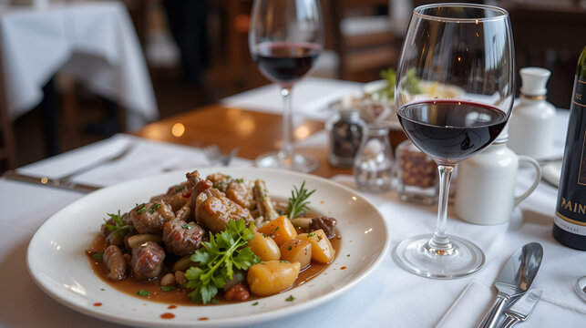 Assiette de viande et verre de vin sur table de bistrot, viande, assiette, table, bistrot, verre, vin, repas