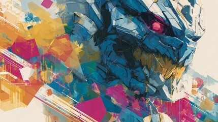 Fototapeta premium Abstract digital artwork showcasing a fragmented robotic visage, featuring overlapping polygons and glitching lines in a dynamic