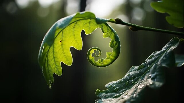 Enchanting spiral oak leaf with sunlight filtering through a forest canopy