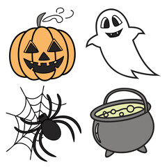 Halloween icons pumpkin ghost spider cauldron vector