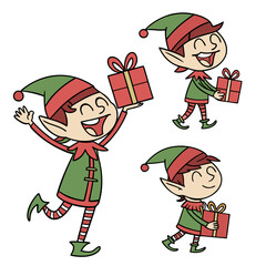 Happy elves holding red gifts christmas holiday