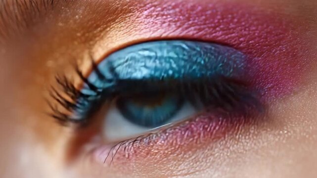 Close-up of bold blue eye makeup with long lashes and vibrant pink tones, showing dramatic fashion beauty in modern artistic style