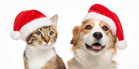 Cat and dog with santas claus hats isolated on white background