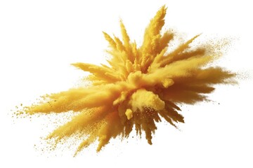 Vibrant yellow powder explodes outwards in a dynamic burst against a clean white background