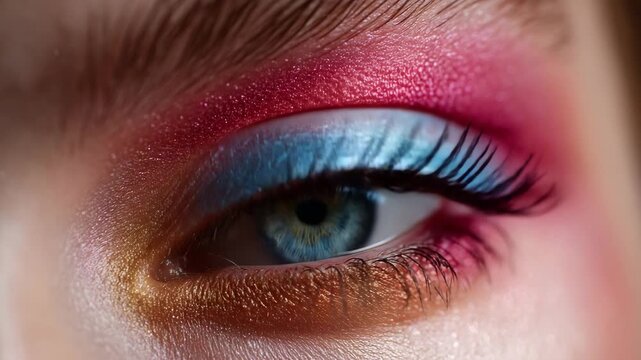 Blue eye with bright pink and blue eyeshadow in close-up, showing creative cosmetic style and bold modern beauty design