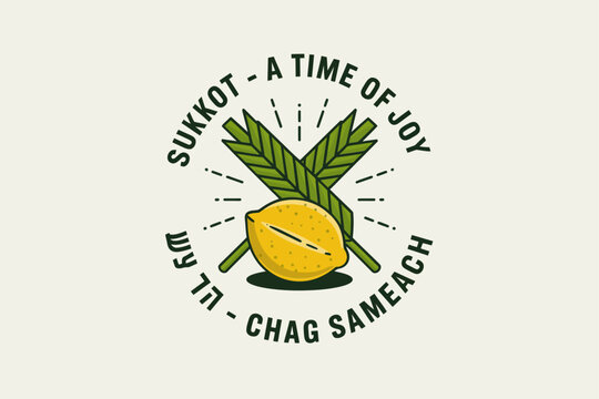 Sukkot poster with lulav and etrog, chag sameach, a time of joy, festival greeting card, vector design illustration