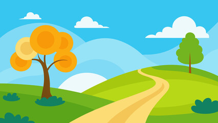 Obraz premium Cartoon landscape with rolling hills and winding path illustration