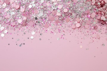 Pink and silver glitter confetti on a pastel pink background (1)