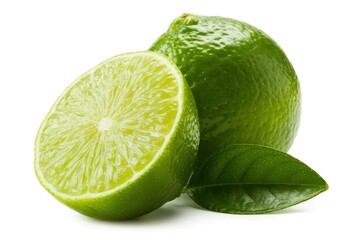 Two vibrant green limes one sliced in half showcasing juicy citrus flesh and leaves
