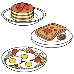 Pancakes toast eggs noodles strawberries fried eggs