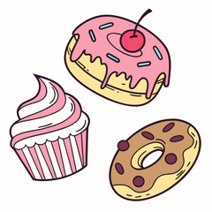 Pink frosted donut cupcake chocolate chip cookie brown