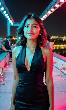 A glamorous young brunette model with striking red lipstick and a stylish black dress smiles alluringly in a vibrant nightclub setting, 4k video