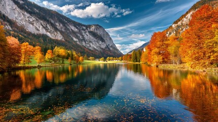 Obraz premium Peaceful autumn lake with vibrant orange and red foliage reflecting on still water in Austria’s Gesäuse National Park, with long shadows, clear blue sky,distant green mountains enhancing scenic beauty