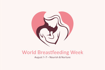 World Breastfeeding Week creative poster with loving mother and baby, August 1-7, nourish nurture, vector greeting card
