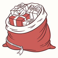 Red Santa sack filled with gifts and bows christmas gifts