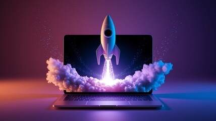 A rocket launching from a laptop computer with the words AI Agents symbolizing agentic autonomy and the future growth of automation through copilot chatbots and autonomous bot technology