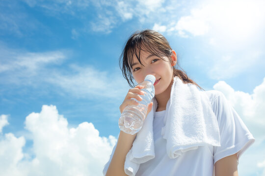 Young woman drinking water under blue sky after outdoor exercise

