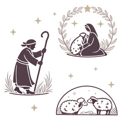 Shepherd with sheep and nativity scene christmas lamb