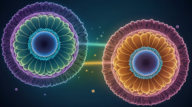 Illustration shows cell division, focusing on mitosis and the separation of two nuclei, highlighting cell structure dynamics