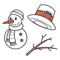 Snowman elements with carrot nose scarf and hat stick arms
