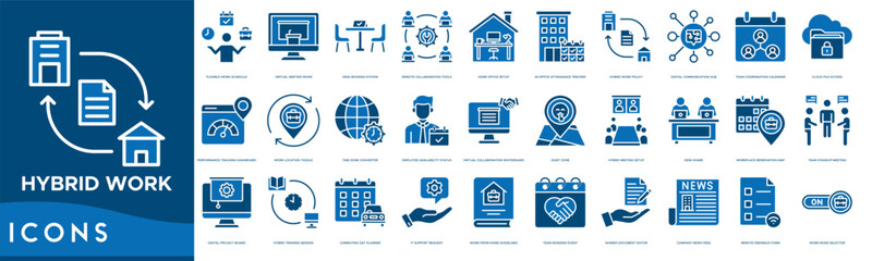 Hybrid Work icon set. Flexible Work Schedule, Virtual Meeting Room, Desk Booking System, Remote Collaboration Tools, Home Office Setup and In Office Attendance Tracker