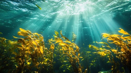Obraz premium An underwater photograph of kelp forests swaying gently in the ocean current, teeming with marine life