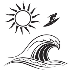 Sun surfer and ocean wave icons surfboard