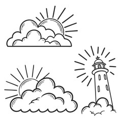 Sunbeams shining through clouds and lighthouse beam