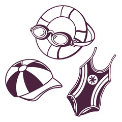 Swimming gear icons goggles float swimsuit beach ball