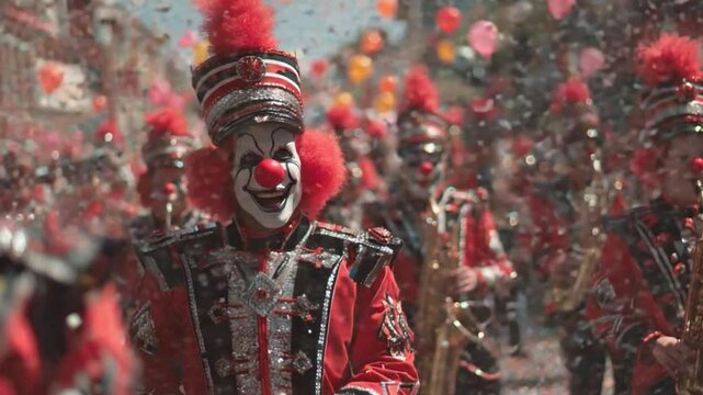 Colorful Clowns in Festive Attire Celebrating at Parade with Confetti and Balloons