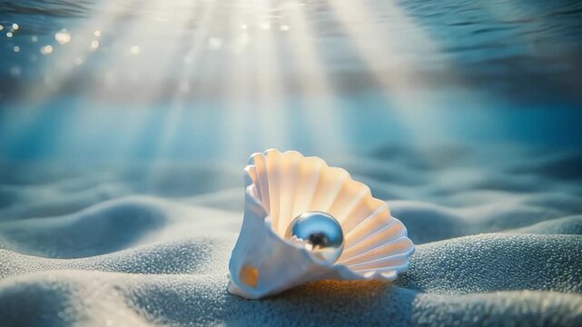 Opalescent pearl resting inside seashell on sandy seabed illuminated by sun rays