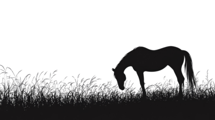 silhouette of horse grazing field grass on white background