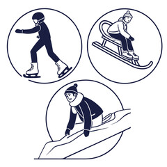Winter sports figures ice skating sledding and tobogganing