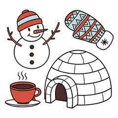 Winter icons snowman mitten igloo hot cocoa vector