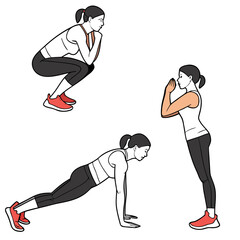 Woman exercising push up squat sit up fitness workout