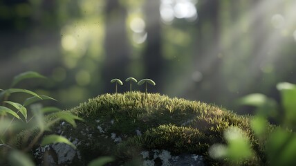 Fototapeta premium Young Saplings Emerging on Mossy Rock in Sunlit Forest