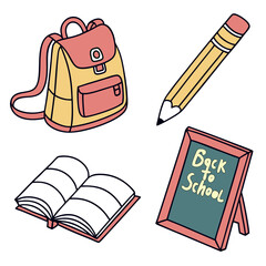 Yellow backpack pink straps open book green chalkboard pencil