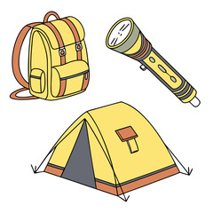 Yellow backpack tent flashlight camping gear camping tent