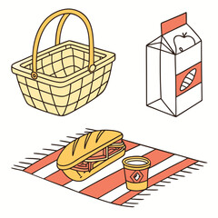 Yellow basket sandwich juice box on striped blanket