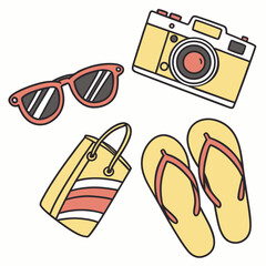 Yellow camera sunglasses beach bag flip flops vector