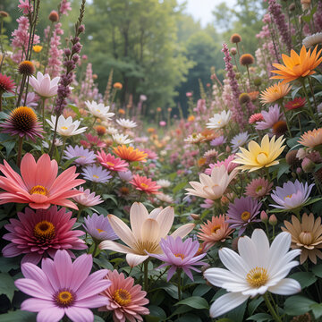 enchanting allure of a garden adorned with untamed blossoms, displaying an exuberant symphony of hues, forms, and surfaces that exalt multiplicity of botanical life