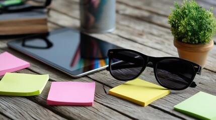Modern Workspace with Tablet, Sunglasses, Colorful Sticky Notes, and Green Potted Plant on Rustic Wooden Table
