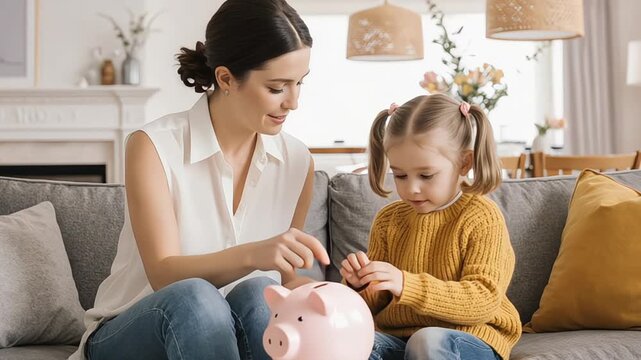 Mother teaching her daughter about saving money with piggy bank at home on sofa