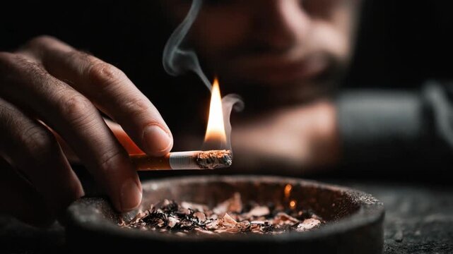 Close-Up of a Hand Holding a Cigarette Over an Ashtray with Smoked Ashes and Smoke Rising in a Dimly Lit Environment