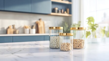 Three Glass Jars with Golden Lids Filled with Grains on White Marble Kitchen Counter