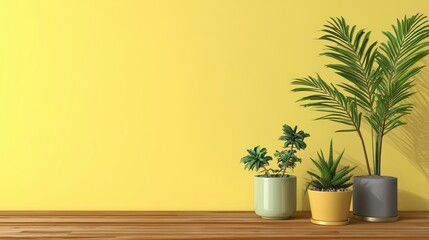 Three Modern Potted Indoor Plants Including Tall Palm and Succulents on Wooden Surface with Bright Yellow Background
