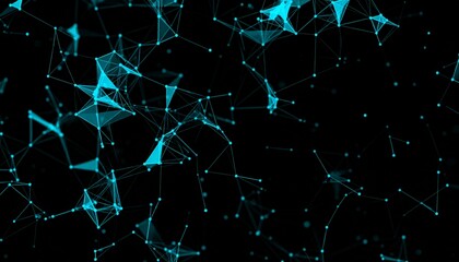 Abstract digital network with interconnected blue lines and dots against a dark background.