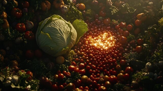 Vibrant array of fresh vegetables, highlighted by clustered cherry tomatoes