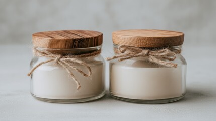 Two Glass Jars with Creamy Ingredients and Wooden Lids Tied with Rustic Jute String on Soft Neutral Background