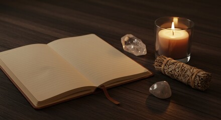 A serene setup for spiritual journaling or meditation, featuring a blank notebook, a lit candle, crystals, and a sage bundle